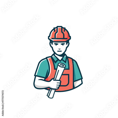 Construction worker or engineer illustration wearing hard hat holding blueprint plan professional occupation career builder architect design development industry