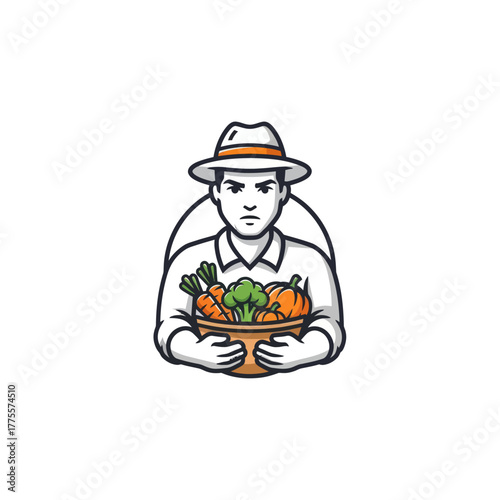 Farmer character holding fresh harvested vegetables in bowl garden produce illustration
