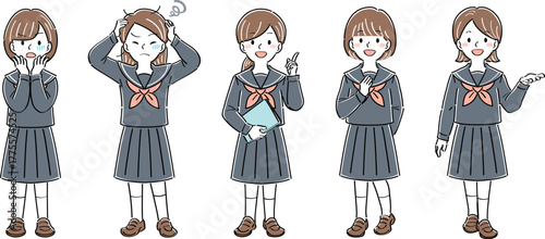 制服姿の女子学生の全身イラストセット・様々なポーズと表情（不安、苦悩、説明、納得、案内）