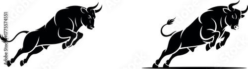 Jumping Bull Black Silhouette - Dynamic Action Animal Vector Illustration