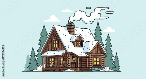 Charming snow-capped log cabin with glowing windows, tucked away in a serene winter forest landscape