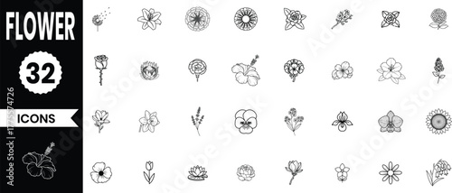 Collection of 32 simple line art flower icons and floral elements for design