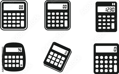 Diverse calculator icons in black and white collection

