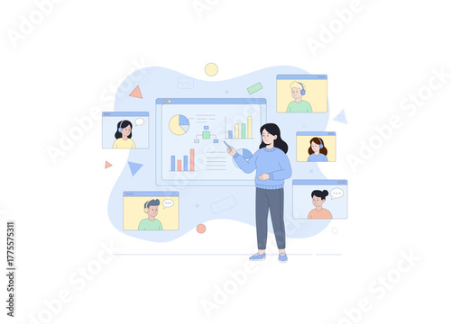 A female professional, standing at the center, is actively presenting data from a large, stylized screen displaying charts and graphs using a pointer with many online participants listening intently.