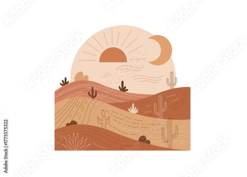 A desert landscape the scene features rolling sand dunes in shades of warm brown and subtle orange.Various desert flora, including tall Saguaro cacti,rounded cacti,and low desert shrubs dot the hills.
