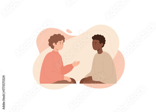 A discussion between two young men sitting opposite each other. The overall style is minimalist, friendly, and collaborative, suggesting themes of communication, advice, counseling, or friendship.