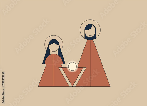 This geometric artwork depicts the Holy Family – Mary, Joseph, and the Christ Child – using clean lines, simple shapes, and a warm, earthy color palette.