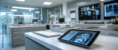Digital tablet showing animal paw X-ray in veterinary clinic