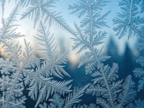 A macro texture of frost on a window glass. This vector background shows a cold, icy, and beautiful crystal pattern with a blue and orange light, a natural design.