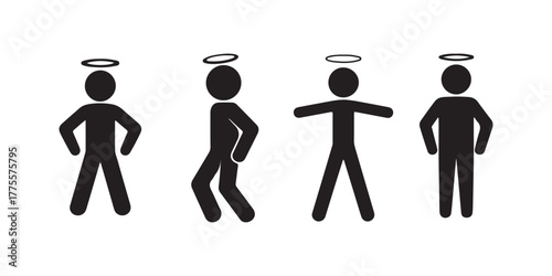Angelic Stick Figures Four Poses Featuring Halo Above Head, Black Silhouettes on White