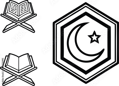 Collection of islamic symbols and figures in silhouette including mosque moon star prayer beads and quran