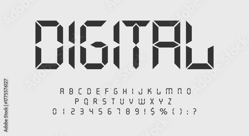 Digital font template. Alarm clock letters and numbers. Calculator digital text for a digital watch and other electronic devices.