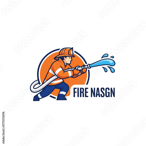 Cartoon firefighter holding hose spraying water emergency service protection graphic