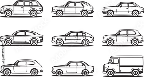 Collection of nine black and white vehicle illustrations