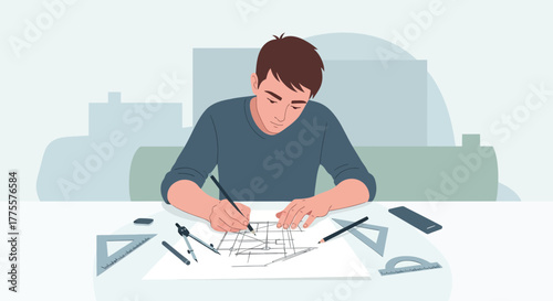 Architect Working on Blueprints and Designs Planning a Future Construction Project