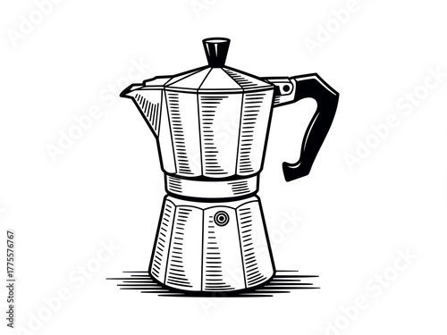 Moka Pot Coffee Maker - Engraved Style Italian Espresso Black and White Vector