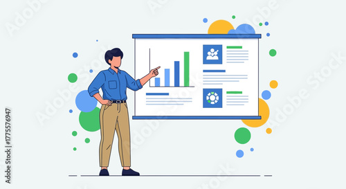 Business Professional Delivering Presentation With Statistical Data and Analysis Charts