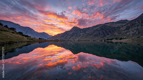 Stunning mountain lake sunset reflection scene