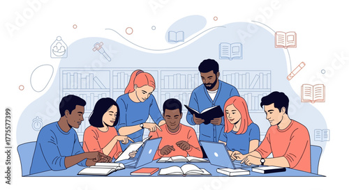 Collaborative Study Session With Students Reviewing Books And Using Technology for Research