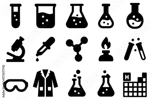 Science Laboratory Equipment Icon Set.