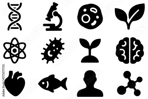 Set of outline icons related to biotechnology, biochemistry, farming, science.