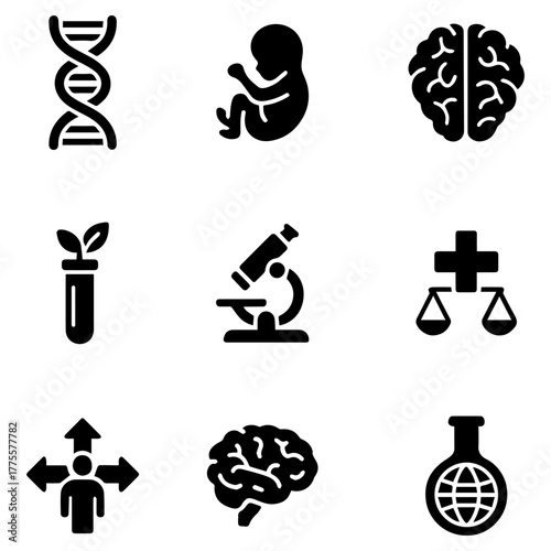Set of outline icons related to biotechnology, biochemistry, farming, science.