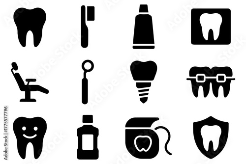 Dental related vector glyph icons set. Included icons dental chair, toothpaste, dental tools, dental floss, caries, toothbrush, toothpaste, toothache, implant.