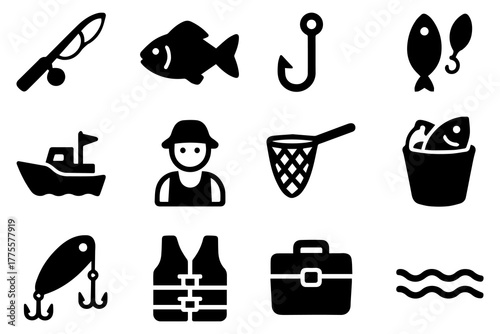 Fishing Gear Icons. Solid style icons of fishing gear and methods: fishing pole with hook, net icon, bait bucket, tackle box, fish