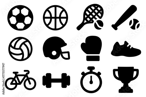 Solid style icons of team sports: soccer ball, basketball hoop, volleyball net, rugby helmet, baseball bat, handball icon, hockey stick and puck, football