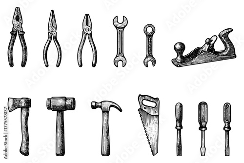 Vintage Engraved Collection of Assorted Industrial and Craft Tools.