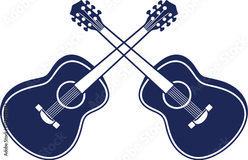 Two dark blue acoustic guitars crossed in an x shape on a white background