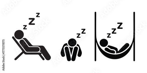 Sleeping Stick Figures Pictograms Resting in Chair, Sad Posture, Hammock Illustration
