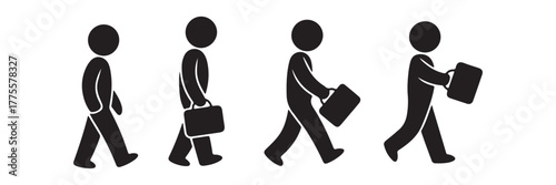 Stick Figure Businessmen Walking with Briefcases, Different Poses, Illustration on White