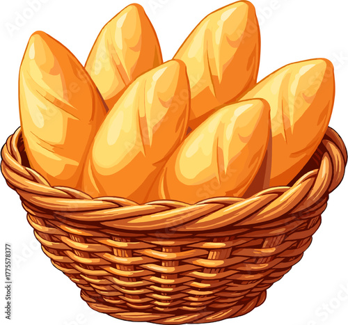 Artisan bread baguettes in woven basket, rustic bakery product illustration for food styling, café menu, and cooking design elements