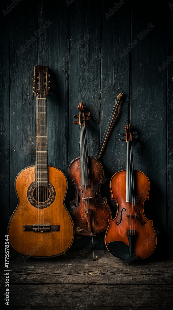 Naklejka premium A classic guitar and 2 old violin is leaning against the black wooden wall.
