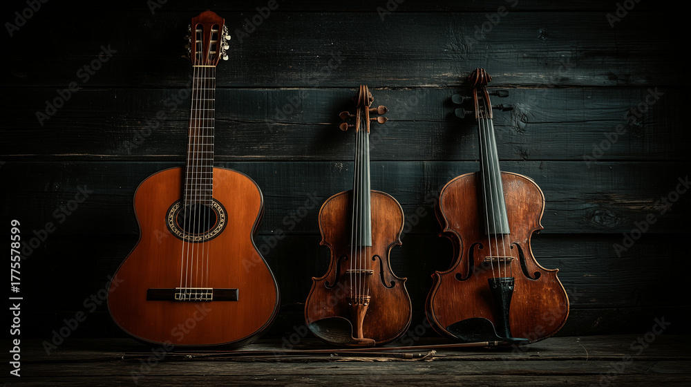 Naklejka premium A classic guitar and 2 violin is leaning against the wooden wall.