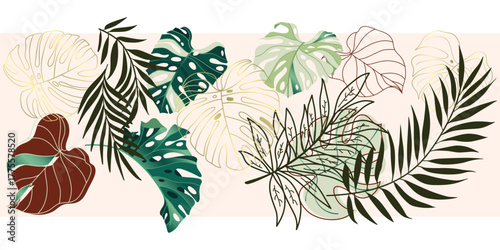 Tropical Monstera and palm leaf line art pattern for summer t-shirt design