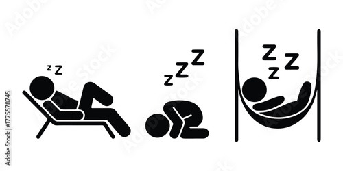Stick Figures Sleeping in Lounge Chair, on Floor, and in Hammock Illustration