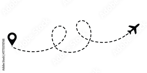 Airplane travel route illustration with map pin and dashed line