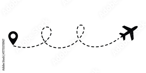 Airplane route with dashed line and destination marker icon