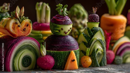 Creative Winter Vegetarian Sculpture Dish Showcasing Whimsical and Bright Vegetable Arrangements for Delightful Festive Celebrations