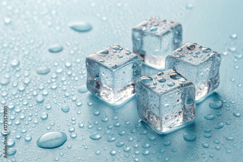 Four ice cubes with water drops on a blue background. This vector is a cold, fresh, and wet concept. Clear, clean melting ice, a symbol of refreshment.