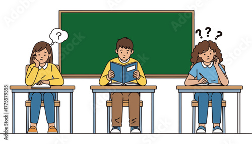 Students struggling in class vector illustration with green board