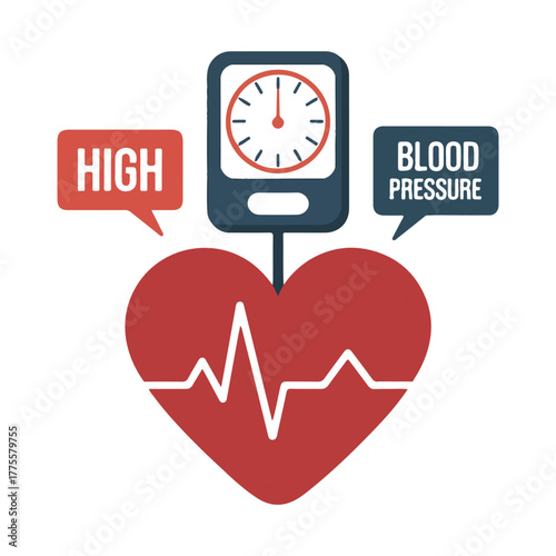 Red heart with electrocardiogram and blood pressure monitor