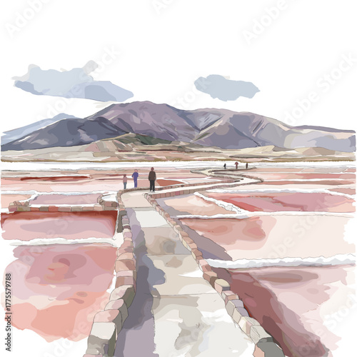 Salinas Grandes - Salt flats in Jujuy. Salinas Grandes - Salt flats in Jujuy hand drawn watercolor illustration