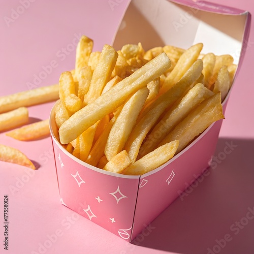Gold French Fries in Pink Carton on Pink Background