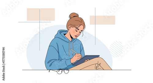 Digital Artist Using Tablet in a Minimalistic Style for Creative Projects and Designs