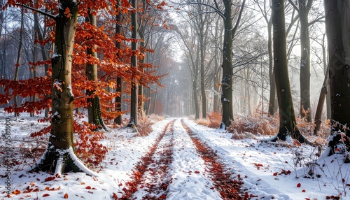 Fototapeta Naklejka Na Ścianę i Meble -  Winter forest path with snow and fallen orange leaves on trees and ground during snowfall in daylight