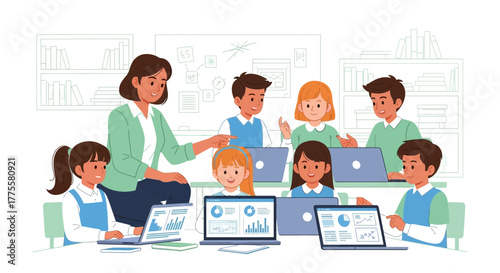 Educational Classroom Scene Featuring Teacher Guiding Students Using Laptop Computers