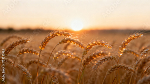 Golden wheat field at sunset with backlighting and shallow depth of field. inspiring travel planning, travel magazines, designed for outdoor magazines and nature guides.